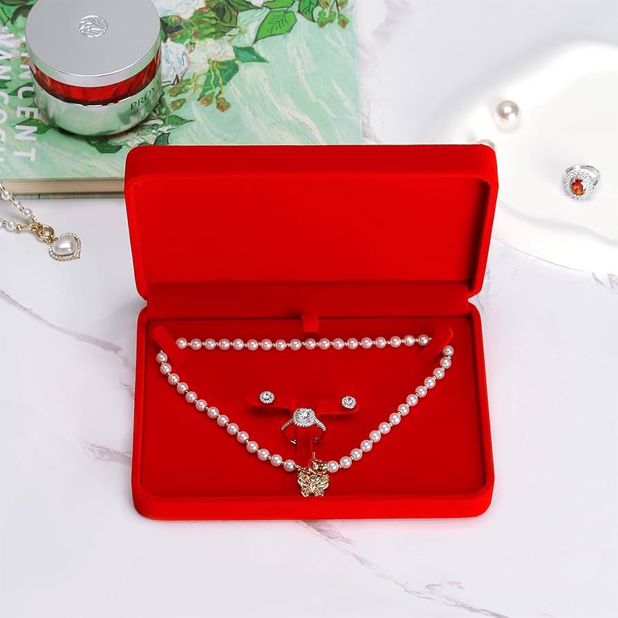 Large Velvet Jewelry Set Box, Big Necklace and Ring Earring Pendant Gift Box, Pearl Necklace/Chunky Necklace Jewelry Storage Case (Blue and Red).