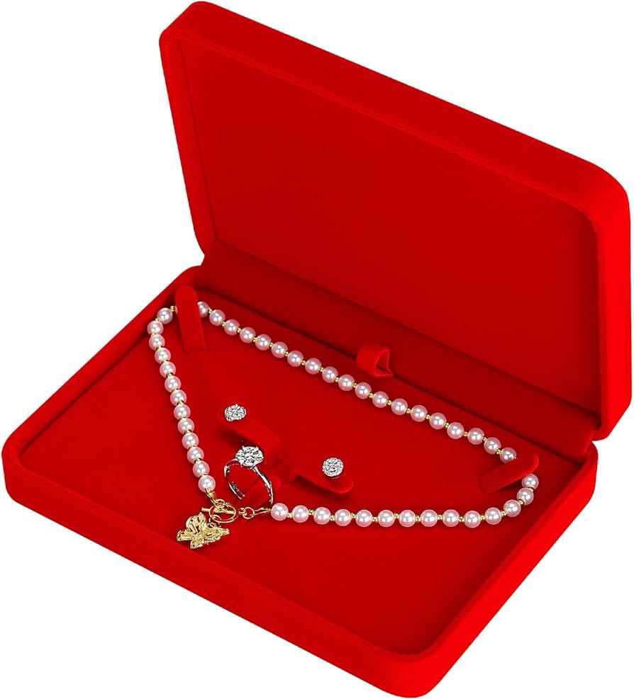 Large Velvet Jewelry Set Box, Big Necklace and Ring Earring Pendant Gift Box, Pearl Necklace/Chunky Necklace Jewelry Storage Case (Blue and Red).