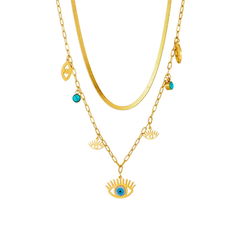 Cleopatra Inspired Titanium Steel Blue Eye Pendant Necklace | Gold | Women