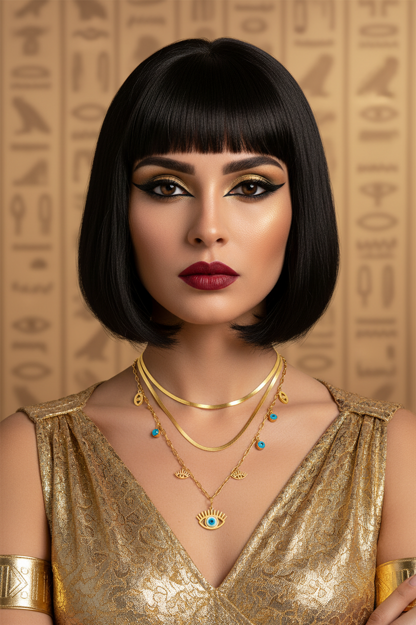 Cleopatra Inspired Titanium Steel Blue Eye Pendant Necklace | Gold | Women