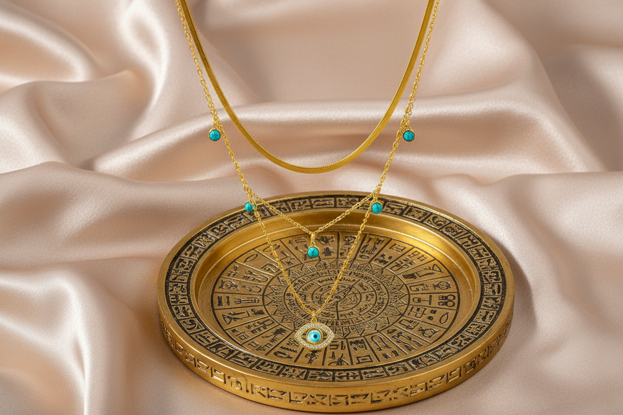 Cleopatra inspired Jewelry Stainless Steel Lock Blue Eyes Pendant Necklace For Women New Multilayer Choker Chain Jewelry Gifts