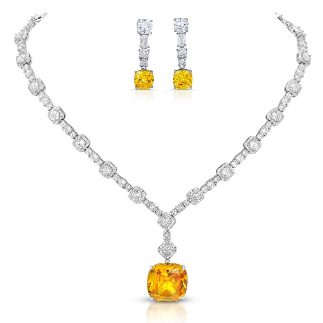 Lady Gaga Inspired Luxury Yellow Canary Crystal Necklace and Earring Set Zirconia Geometric Pendant for Party Accessory