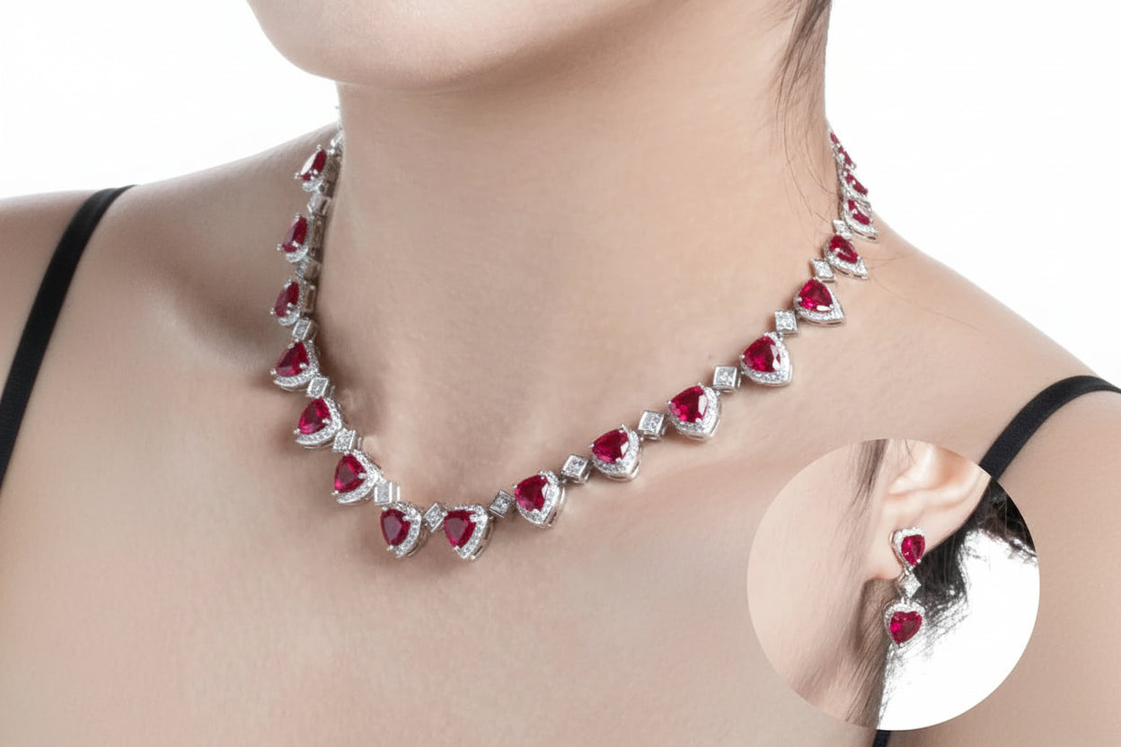 Necklace with red gemstones worn by a person, with an inset showing earrings.
