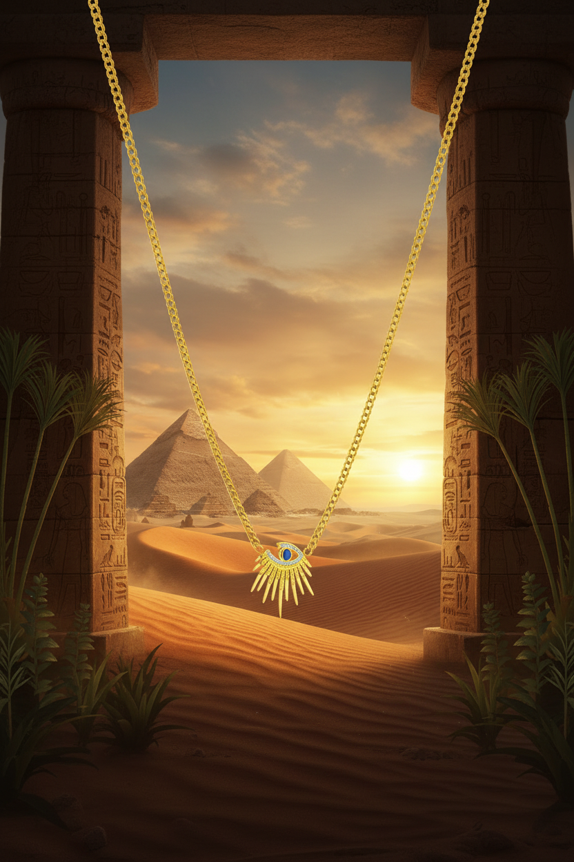 Gold necklace with an eye pendant in front of a pyramid and desert landscape