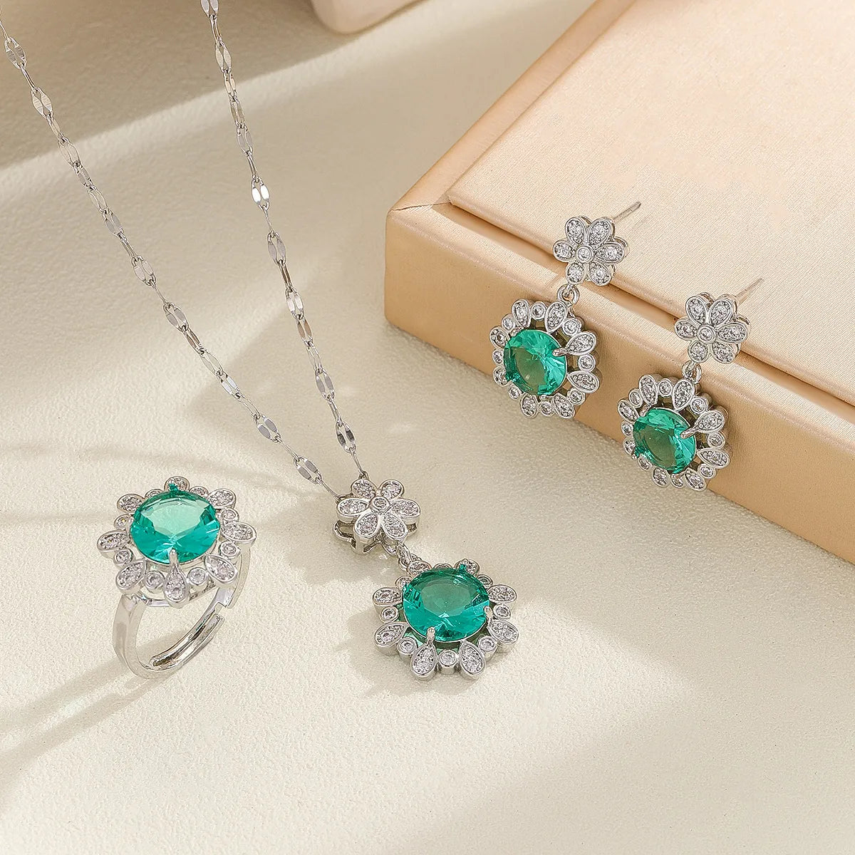 Green Floral Zircon Jewellery Set | Necklace, Earrings & Ring