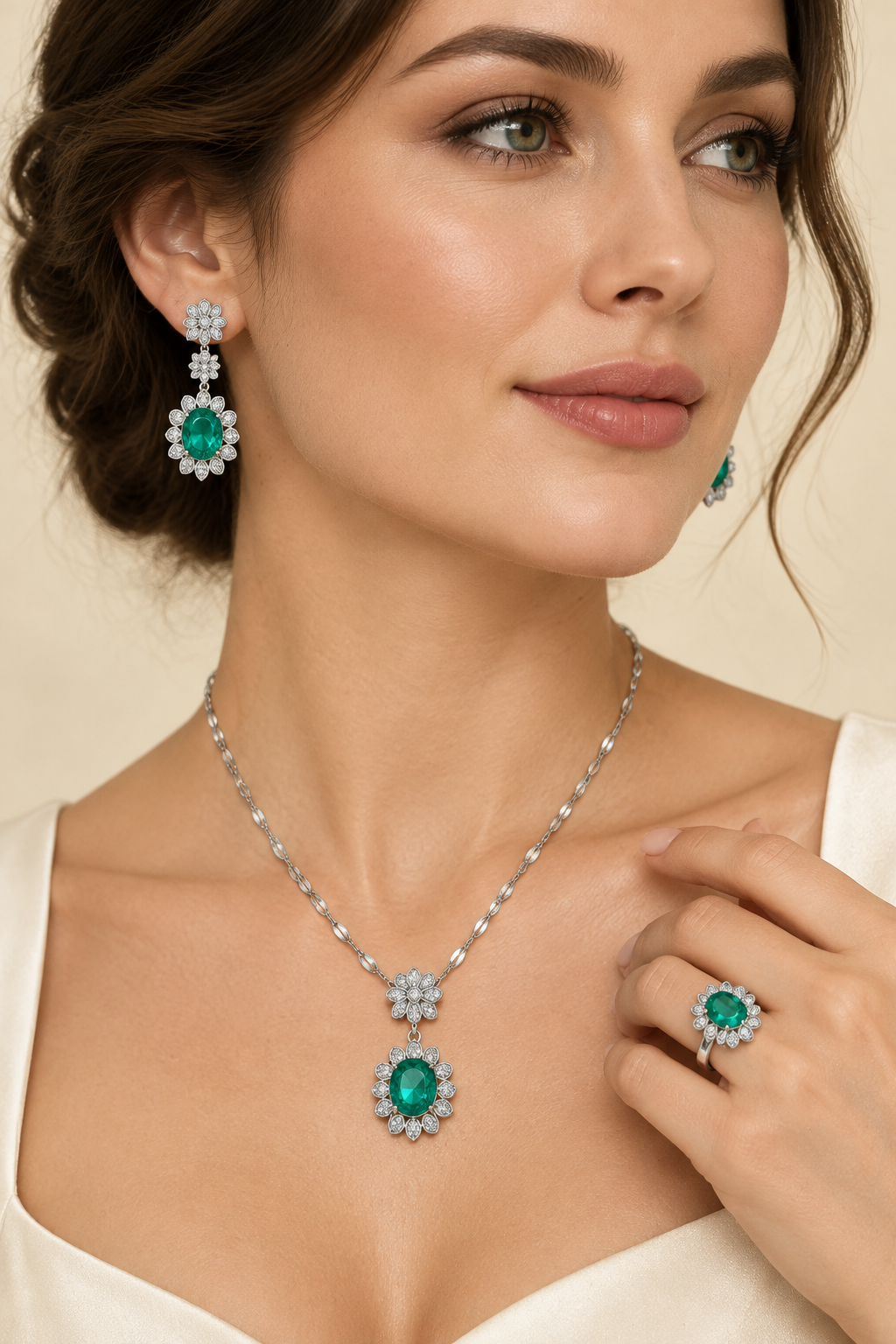 Silver floral jewellery set on a new model